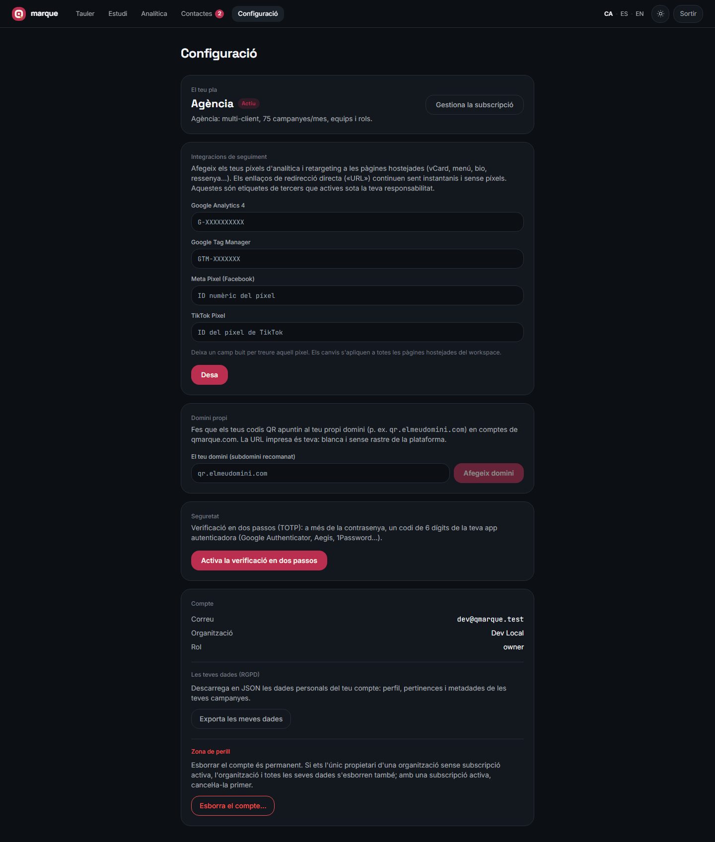 Pantalla de configuració de Qmarque