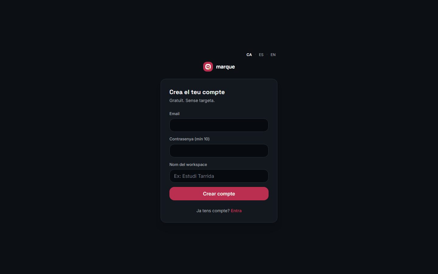 Pantalla de creació de compte de Qmarque